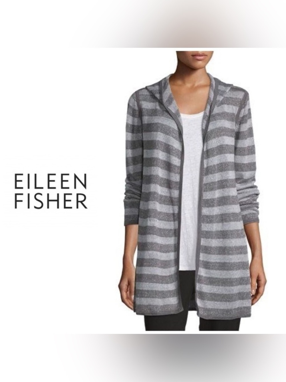Eileen Fisher Organic Linen Striped Hooded Open Front Cardigan Sweater, Petite S